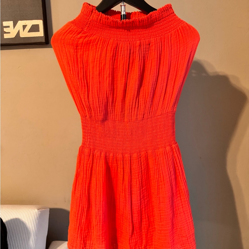 Michael Stars Strapless Bright Coral Smocked Waist Dress
